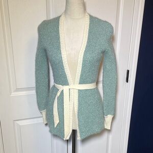 Vintage Knits by Don Open Front Cardigan Sweater Sea Green Cream Trim
